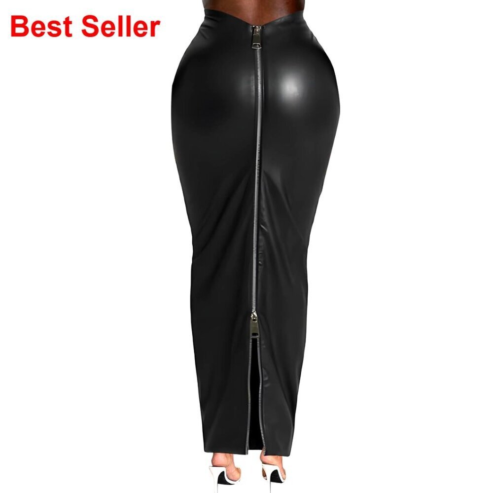 Stretch Faux Leather Long Skirt with Double Zipper Slim Fit